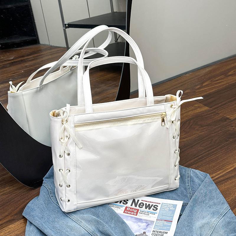 Japanese popular ribbon pain bag bow cute large capacity splicing transparent fashion shoulder portable tote bag