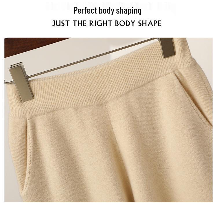 Dámské vlněné pletené kalhoty se širokými nohavicemi - Zeštíhlující, Středový šev, Zesílené, Ležérní, Délka až na zem pro podzim a zimu