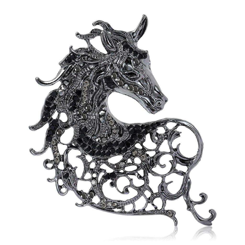 Vintage Hollow Out Handsome Horse Brooch Crystal Badge Pin Jewelry Accessory