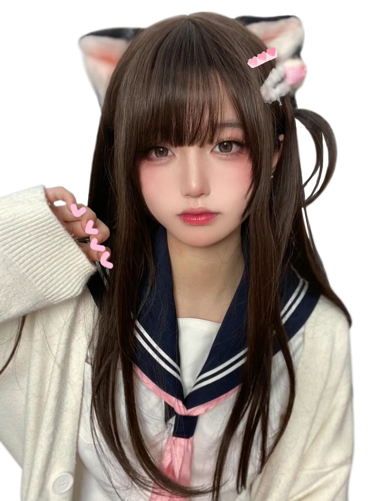 

Women s semi-long, gradient, straight, blunt, full wig, natural, brown, for a smaller face