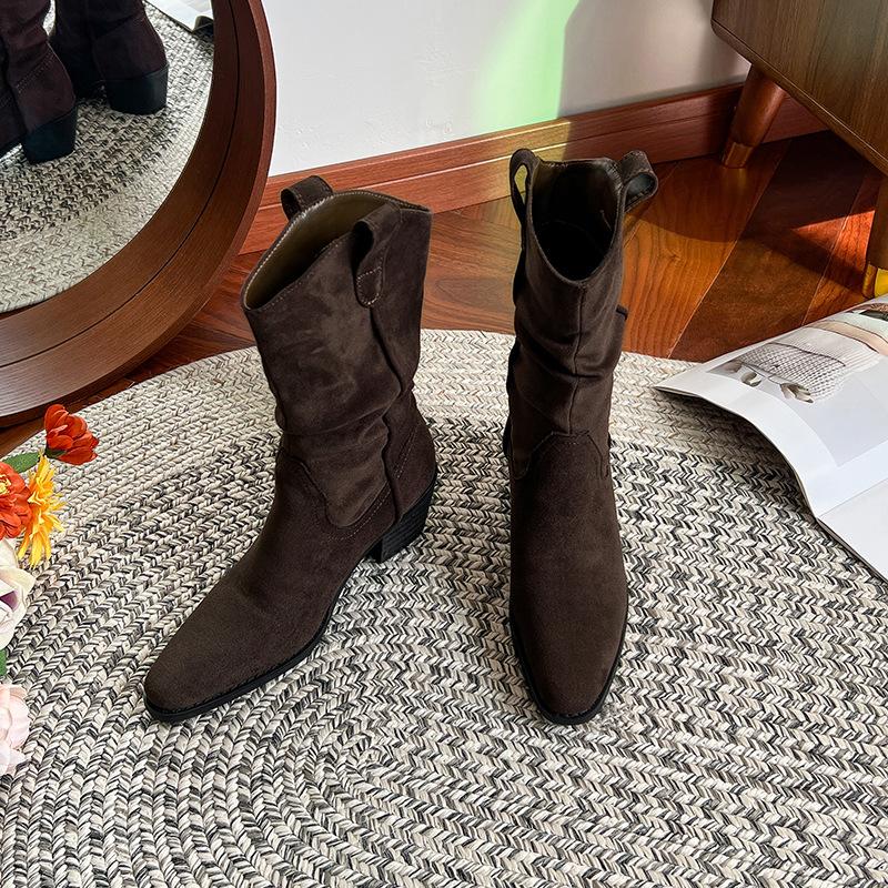 Large size -4 cowboy boots women's autumn new pointed thick heel pleated stack short Martin boots knight boots