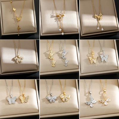 Koreanische Schmetterlingsquaste Luxus Diamant Titanstahl Halskette - Vielseitiger Damen Schlüsselbeinschmuck