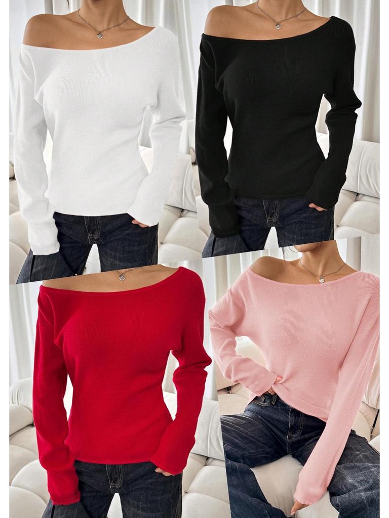 Women's Y2K Solid Color Long Sleeve Knit Sweater with Round Neck & Waist-Cinching Design