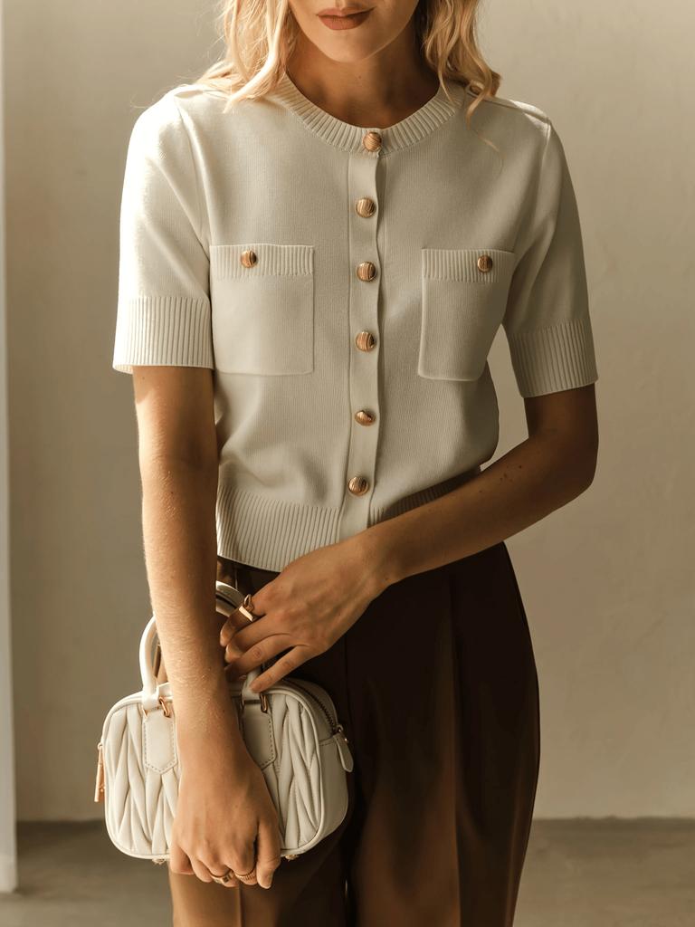 Women's Short Sleeve Cardigan with Gold Buttons and Pockets