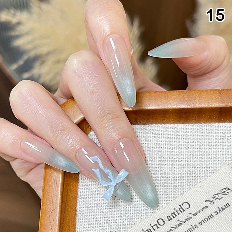 24Pcs Simple Fake Nail With Jelly Glue Butterfly Design Pink White Gradient French Press On False Nails Full Cover Nail Tips