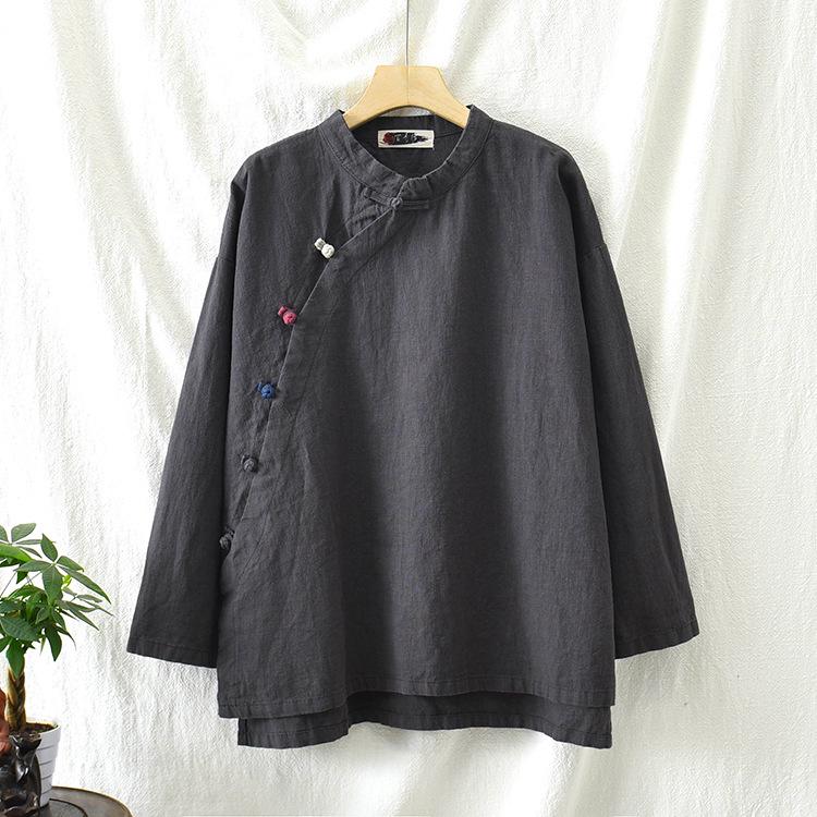 Chemise rétro pour femme printemps/été 2025 en coton lin avec col montant et design color block
