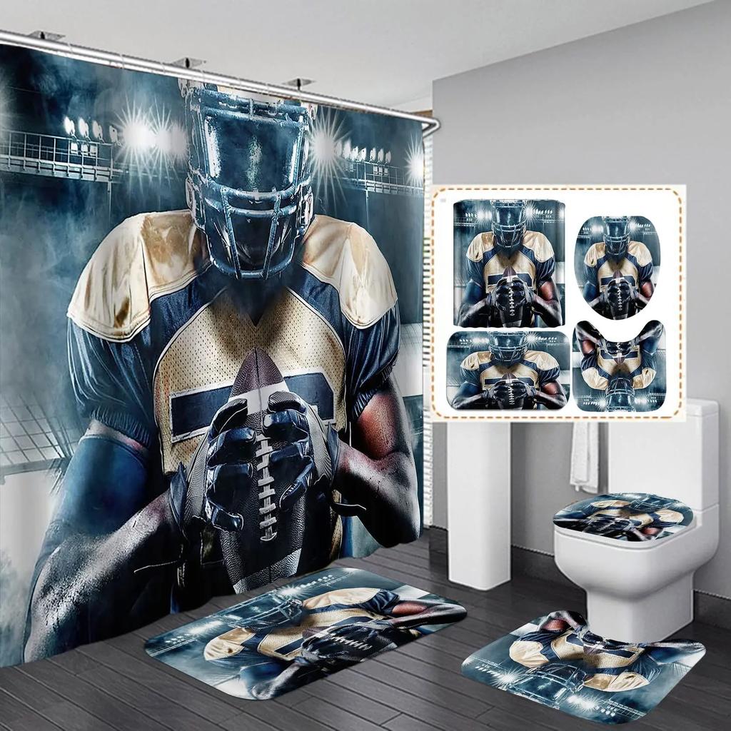 Sport Game Fabric Shower Curtain Set Cool Basketball Soccer Volleyball Rugby Baseball Graffiti Sports Theme Bathroom Set Decor