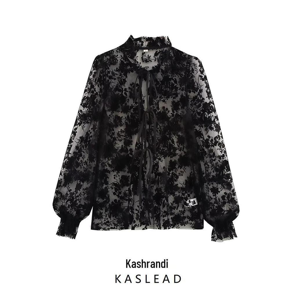 Haut floqué transparent à lacets style européen et américain pour femme, hiver 2024