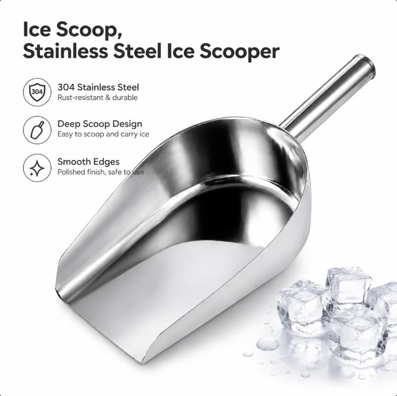 Multi-Purpose Ice Scoop Stainless Steel Food Flour Grain Shovel with Ergonomic Handle Practical for Kitchen Bar Restaurant Use
