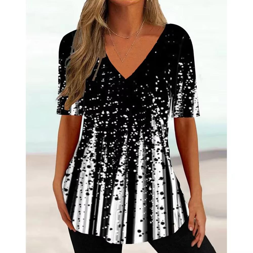 2025 New Women's Vintage Stripe Floral 3d Print T-shirt Women Fashion Casual V-Neck Short Sleeve Tops Tees Womens Clothes Large