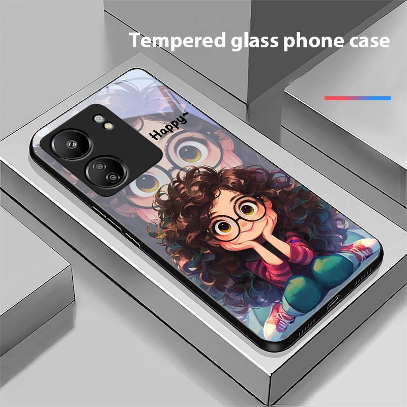 Curly Haired Girl For Xiaomi Redmi 13C Note13 12 Pro Plus 5G Note 9 13T Pro POCO X6 F5 F6 Black Tempered Glass Phone Case