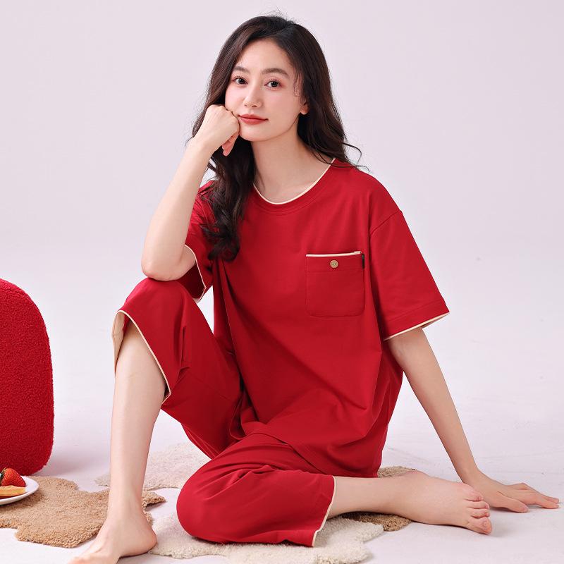 Women's Summer Cotton Pajama Set: Short Sleeve Top & Three-Quarter Pants, Thin & Plus Size