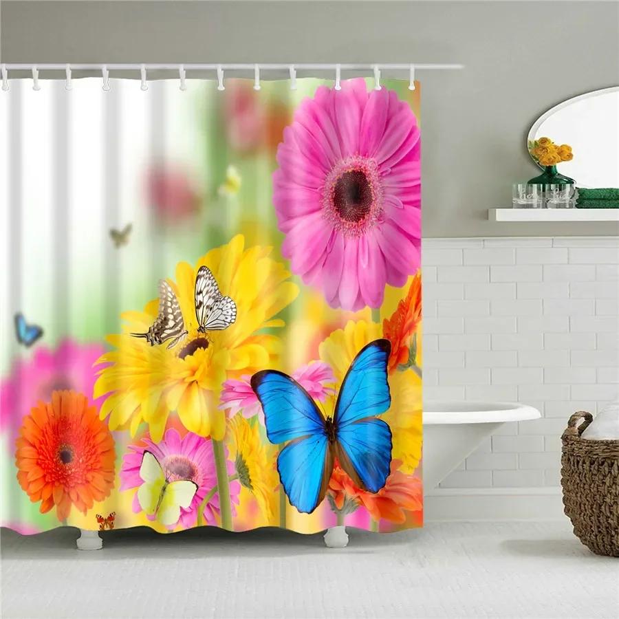3D Flower Plum Blossom Lotus Lavender Rose Shower Curtains Bathroom Curtain Frabic Waterproof Polyester Bath Curtain with Hooks