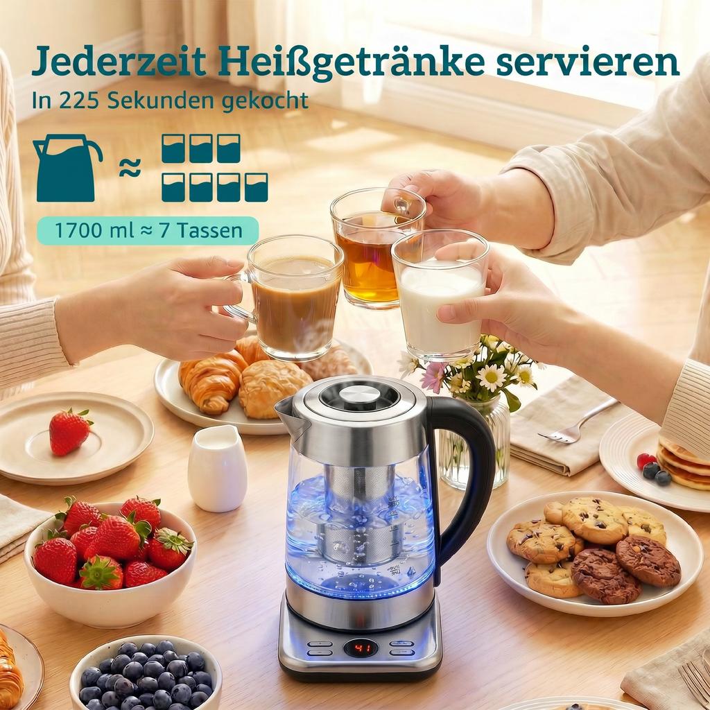 Electric Kettle, 1,7L Fast-Boiling 2200W Kettle with UK Strix Thermostat, Tea Filter, Keep-Warm Function