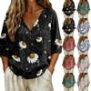 Women V Neck Vintage Floral Print Loose Fit Short Sleeve T Shirt Button Detail Linen Blend Fabric Casual Top for Daily Wear