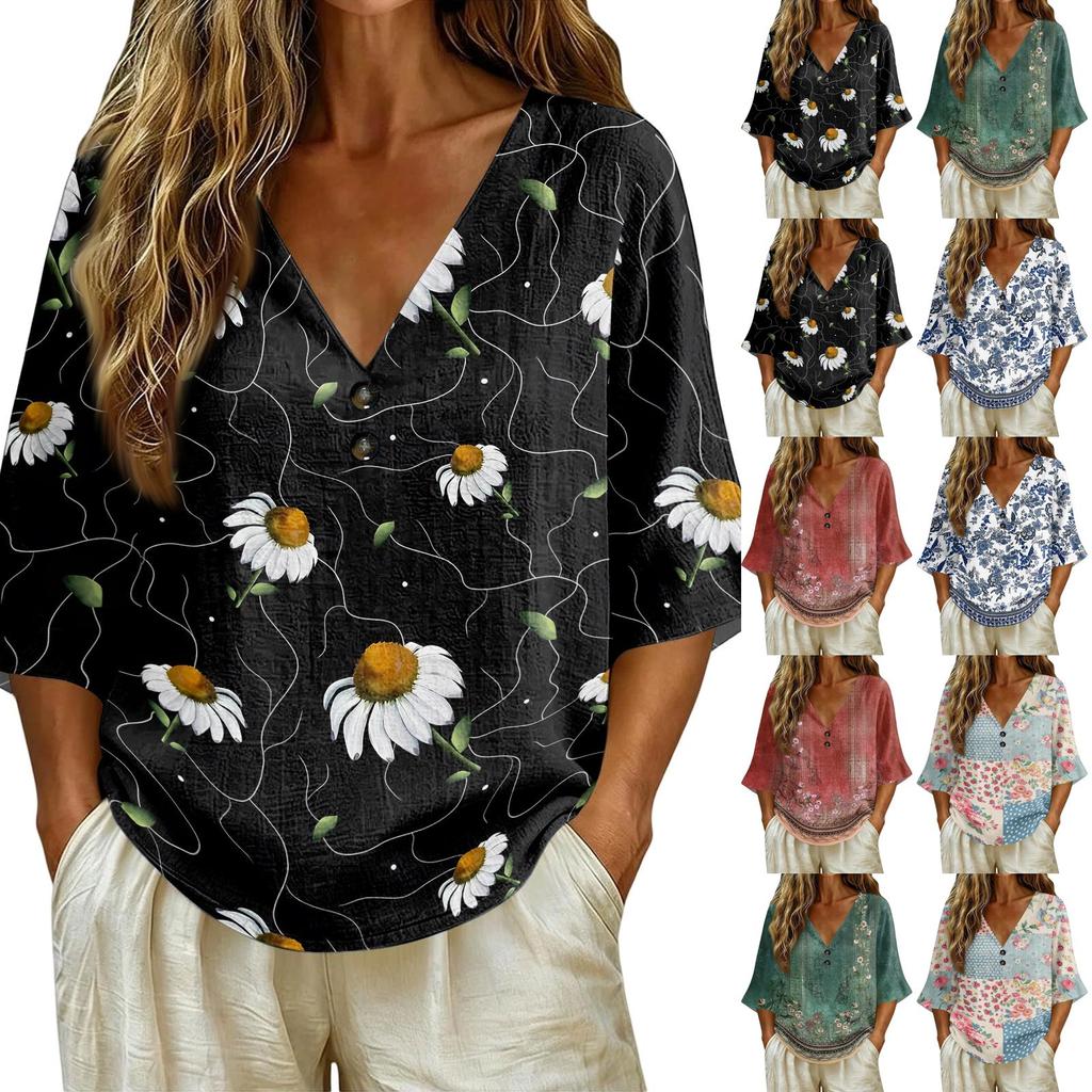 Women V Neck Vintage Floral Print Loose Fit Short Sleeve T Shirt Button Detail Linen Blend Fabric Casual Top for Daily Wear