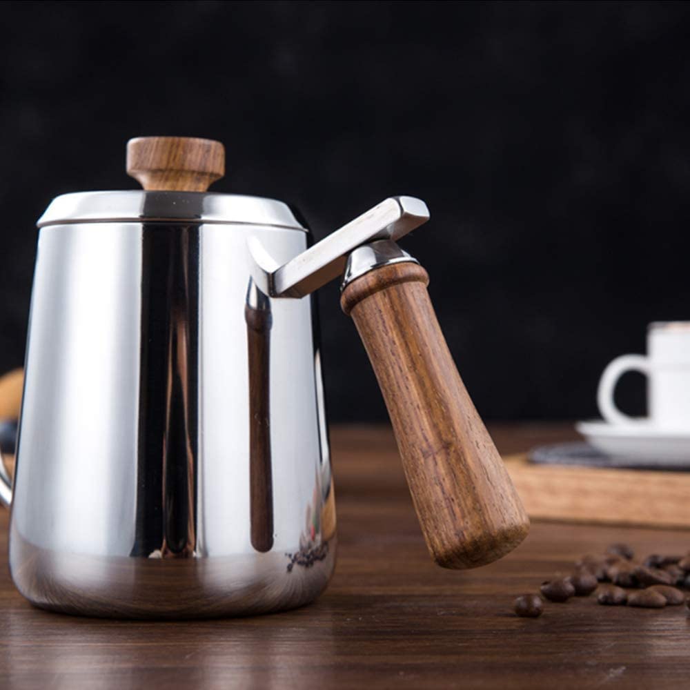 CEAINIC FUN COFFEE Drip Pot Foc Deschis Gură Îngustă 600ml Drip Pot Popular Mâner din Lemn Ceainic cu Gură Îngustă Oțel Inoxidabil Mâner din Lemn Mâner cu Capac