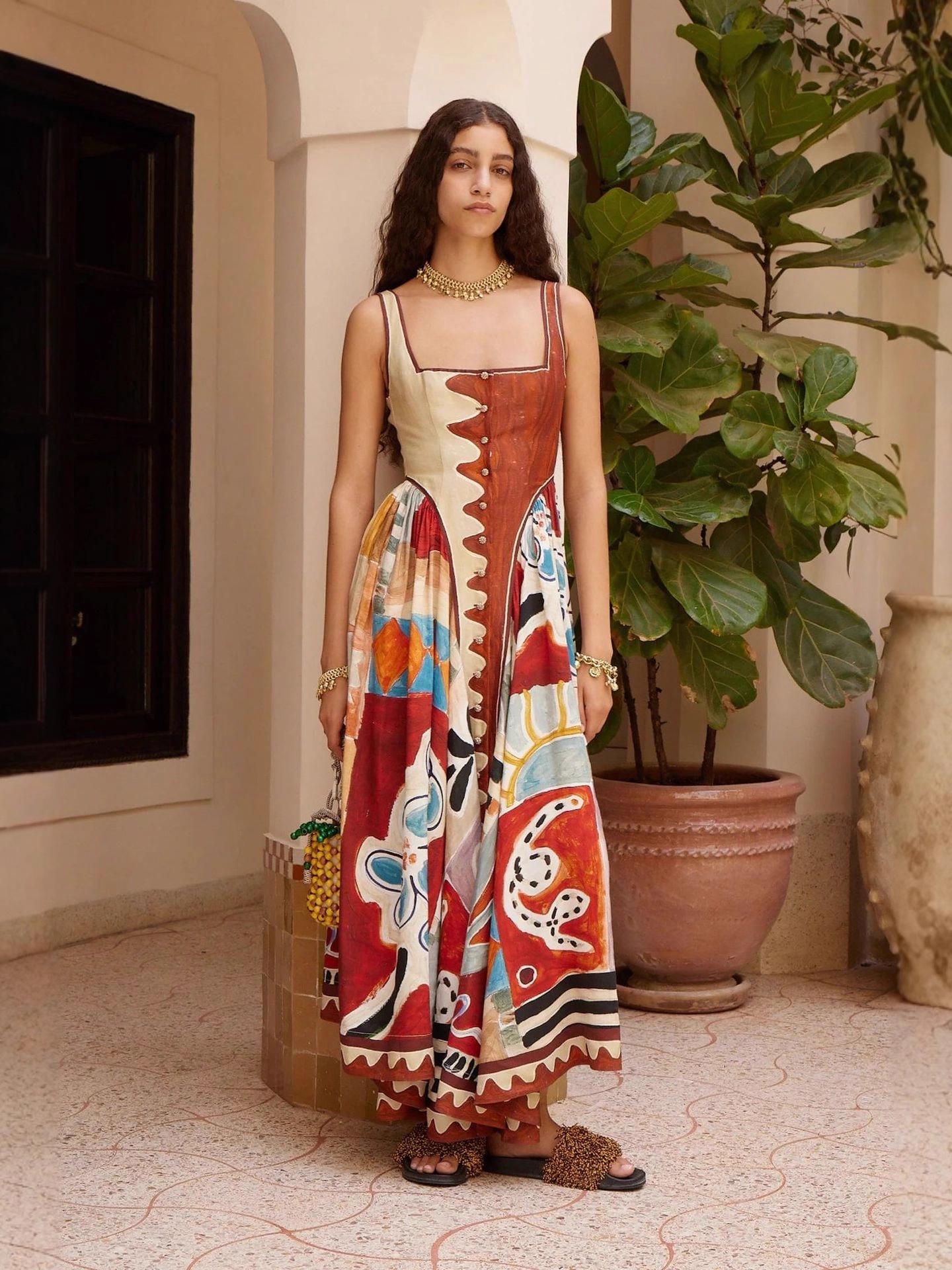 2025 Trendy Printed Linen Patchwork Dress - European & American Style Extra Large цветочный