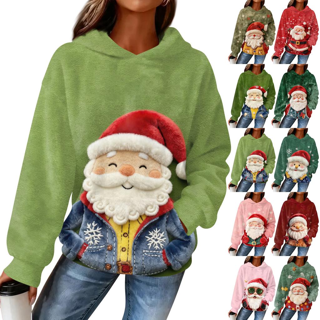 Women's Hooded Long Sleeve Christmas Printed Flannel Top Hooded Sweatshirt