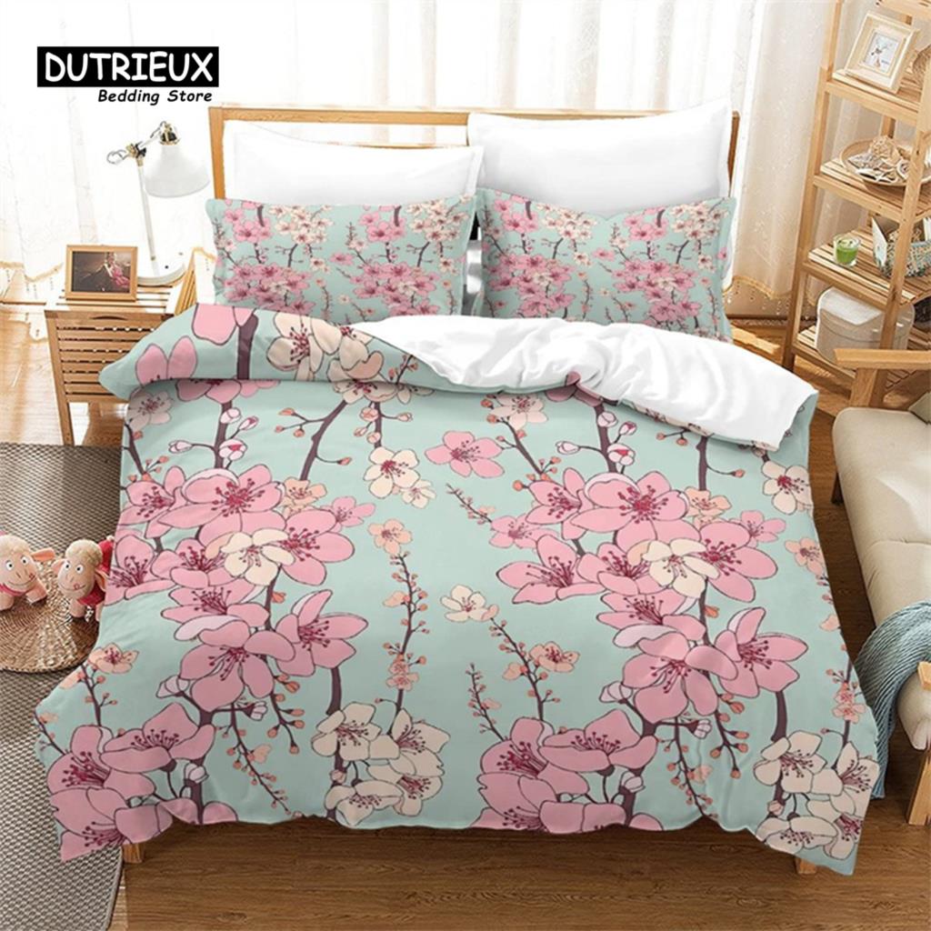 Cherry Blossoms Duvet Cover Set Japanese Floral Bedding Set Microfiber Romantic Theme Quilt Cover Twin King For Valentine's Day