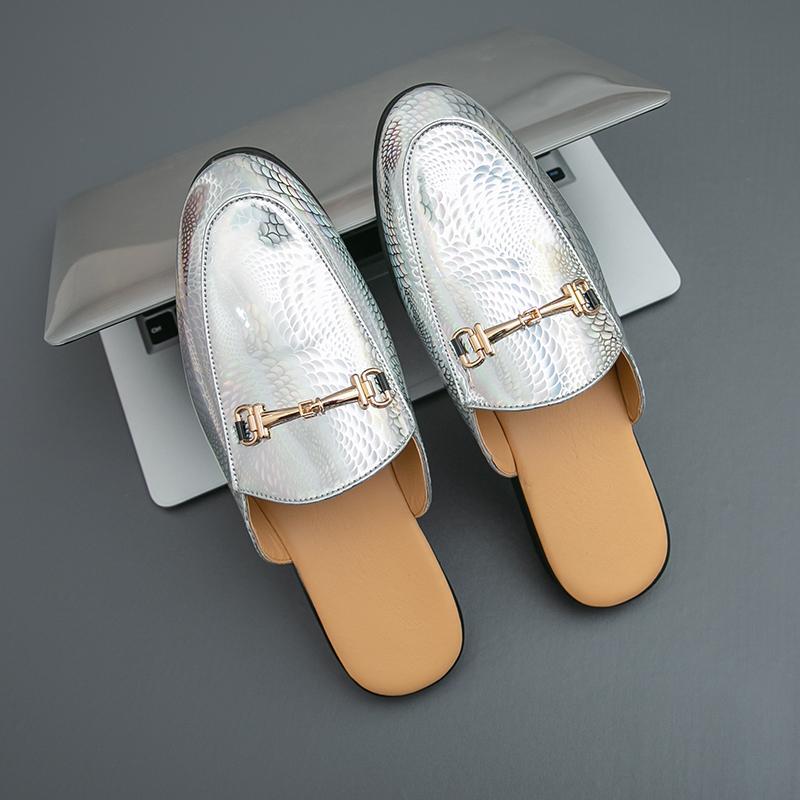 

Half slippers men s heelless lazy glossy leather shoes men s summer new British style bag head half drag sandals 46 46 серебряный