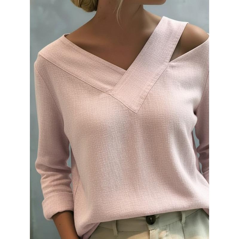 JPNTKY Women's Fashion Casual Solid Color Print V-Neck Long Sleeve Blouses & Shirts