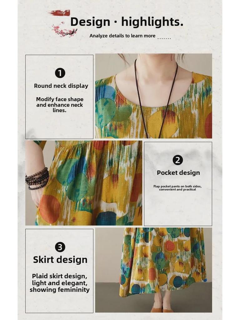 Boho dlhá sukňa letné šaty: Plus Size, Okrúhly výstrih, Krátky rukáv, pre ženy stredného a staršieho veku.