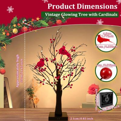 Vintage Glowing Tree with Cardinals Lighted Mini Birch Tree Berry Bird Tree Light Festival Decoration for Home Bedroom Living Ro