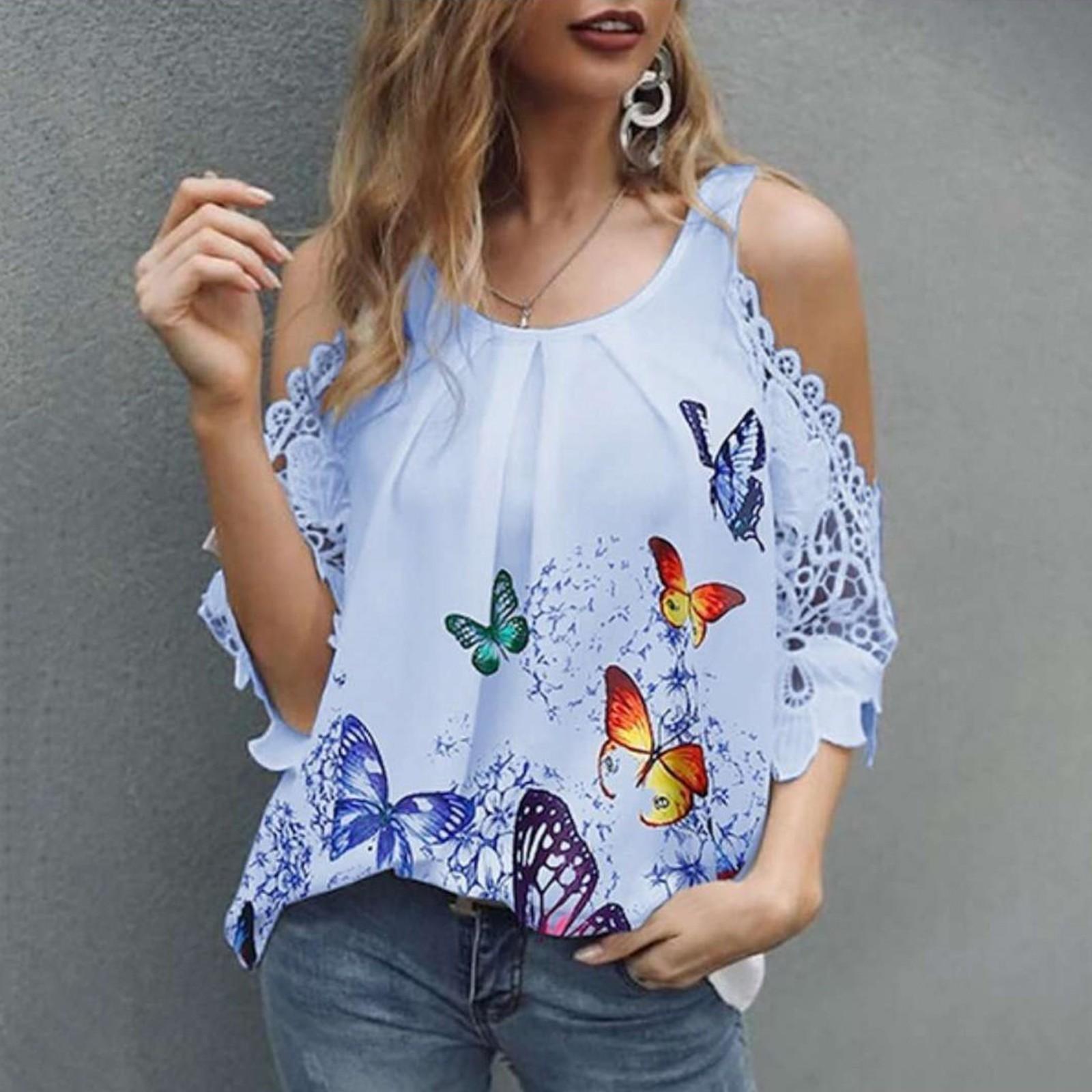

Женская повседневная кружевная футболка с принтом бабочки и полым рукавом, верхняя блузка XXXL синий