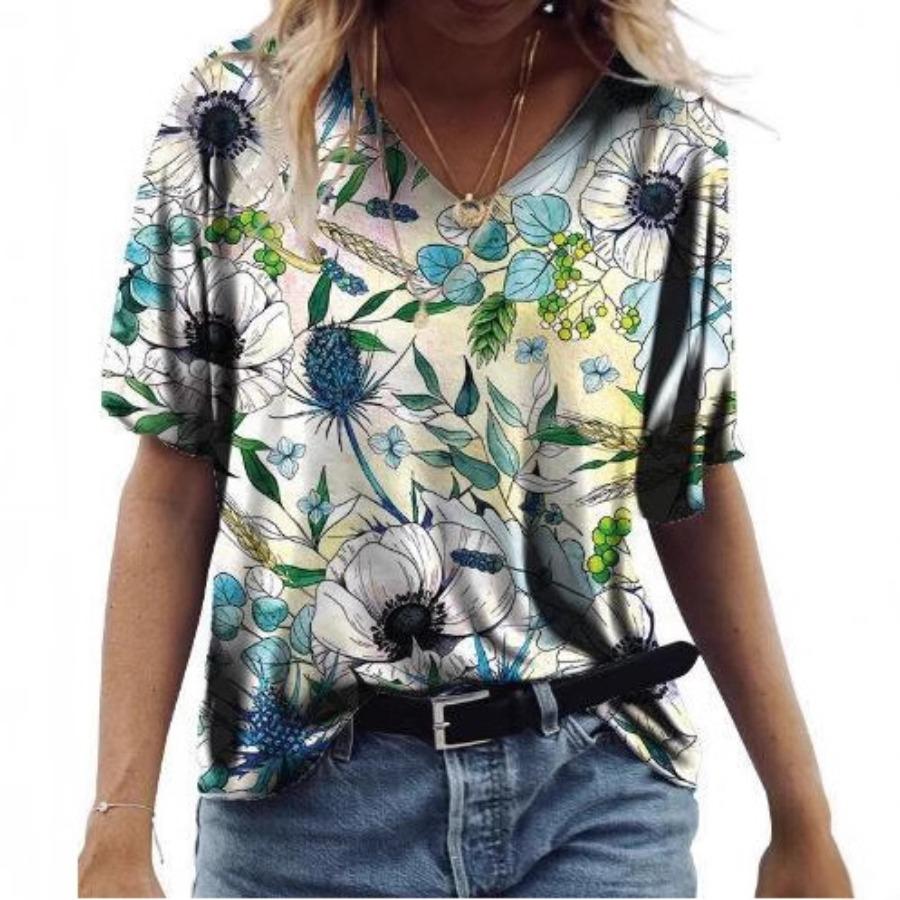 

Floral T-shirt for Couples Summer Casual Loose Sports Style 3D Printed Short Sleeve V-neck T-shirt S