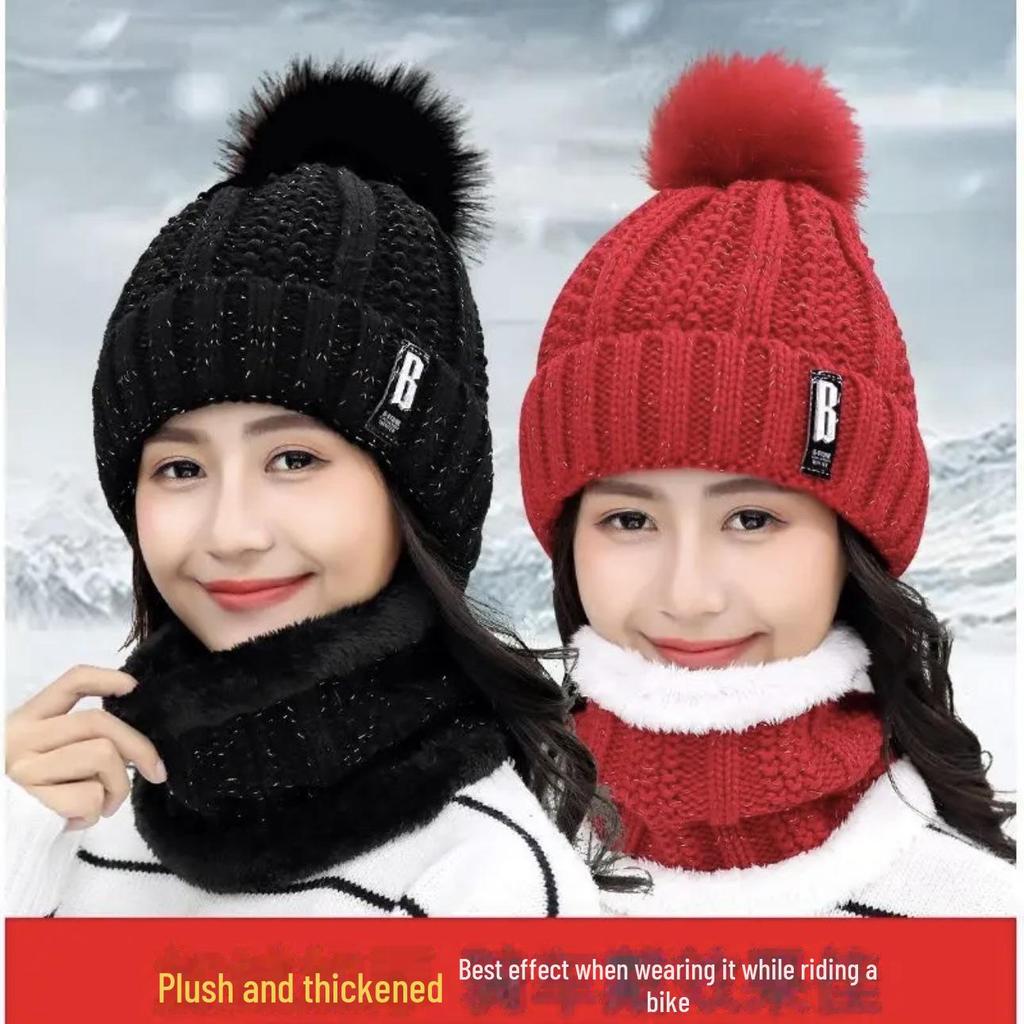 Women's Winter Ear Protection Knitted Wool Hat - Velvet Thickened for Cycling