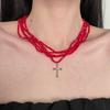 Light luxury exquisite multi-layer red beaded cross pendant necklace female sweet cool personality niche high-end sense collarbone chain