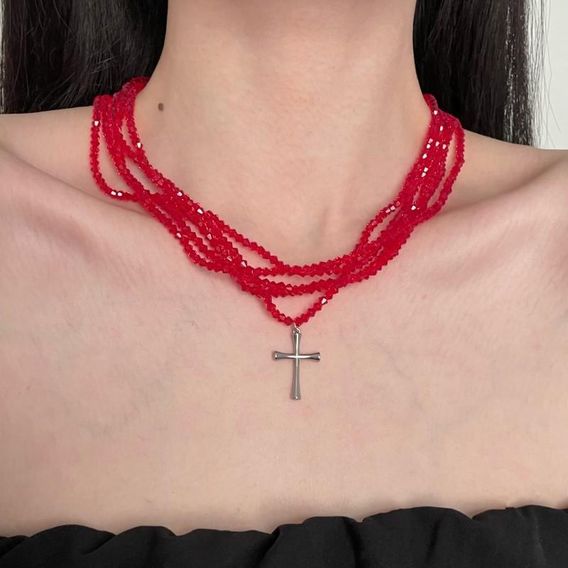 Light luxury exquisite multi-layer red beaded cross pendant necklace female sweet cool personality niche high-end sense collarbone chain