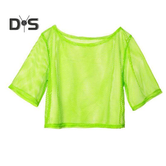 Women Fishnet T Shirt Hollow Out Solid Color Loose Round Neck Three Quarter Sleeve Pullover See Through Nightclub Party Dance Top