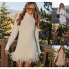Damen Rollkragen Strickpullover Kleid Langarm Fransen Saum Herbst Winter Warm Lässig Kurz Mini Strickkleid