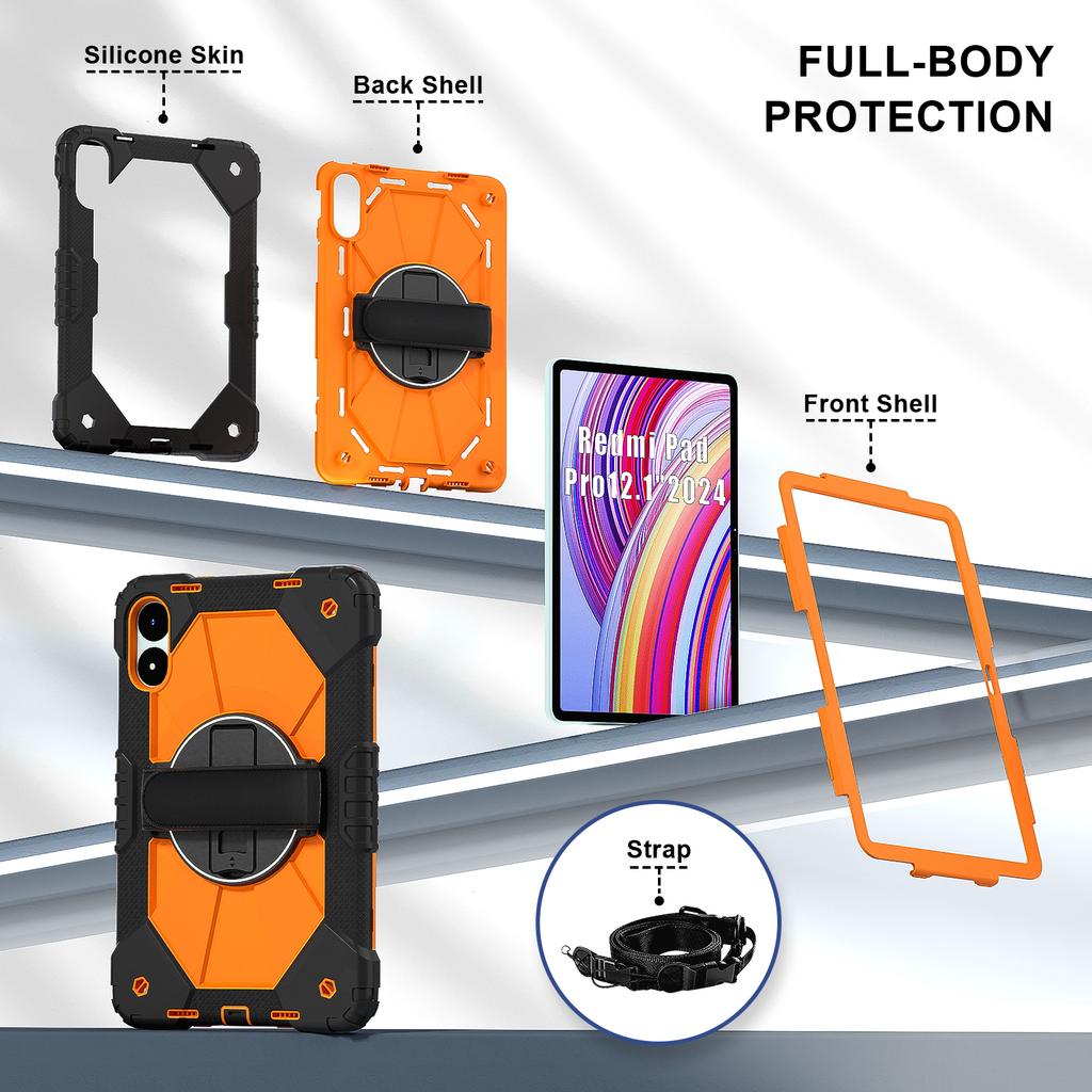 Kickstand Armor Case Universal for Xiaomi Poco Pad Redmi Pad Pro 2024 12.1inch 360 Rotating Heavy Duty Cover with Shoulder Strap