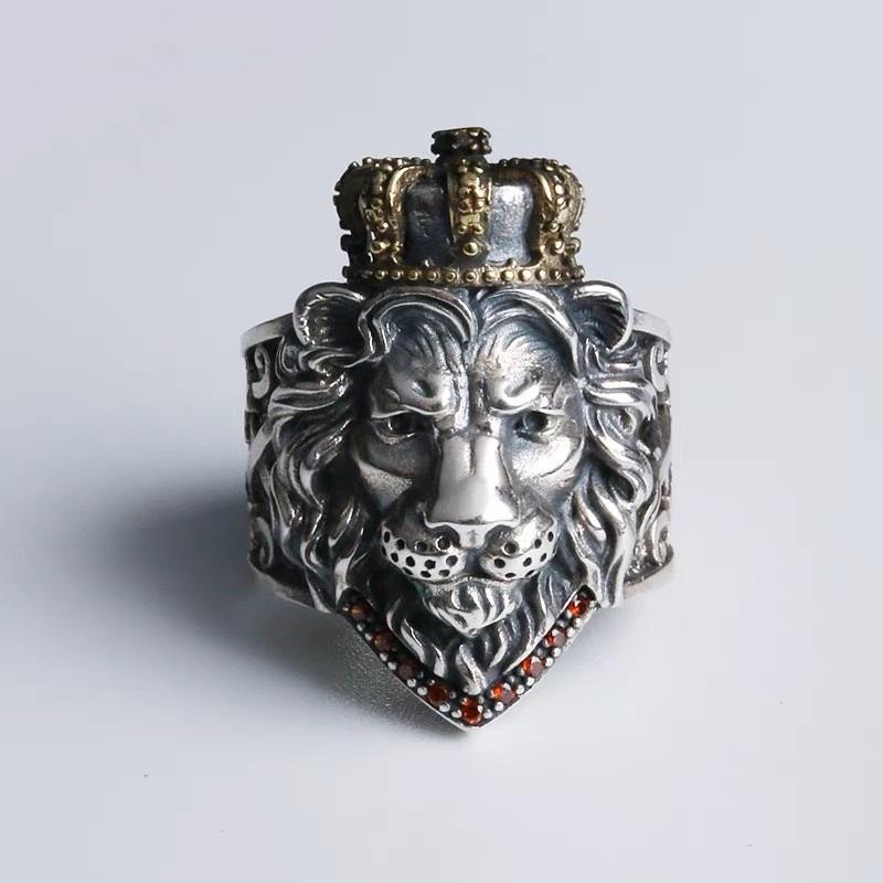 Open Ring Real Silver Retro Handmade Crown Lion Rings For Man Woman S925 Sterling Silver Lion Head Open Ring Fine Jewelry Gift
