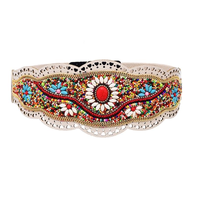 Bohemian Stretch Waist Belt Waistband with Ethnic Beads Accent Adjustable Wide Cinching Band for Dresses and Skirts