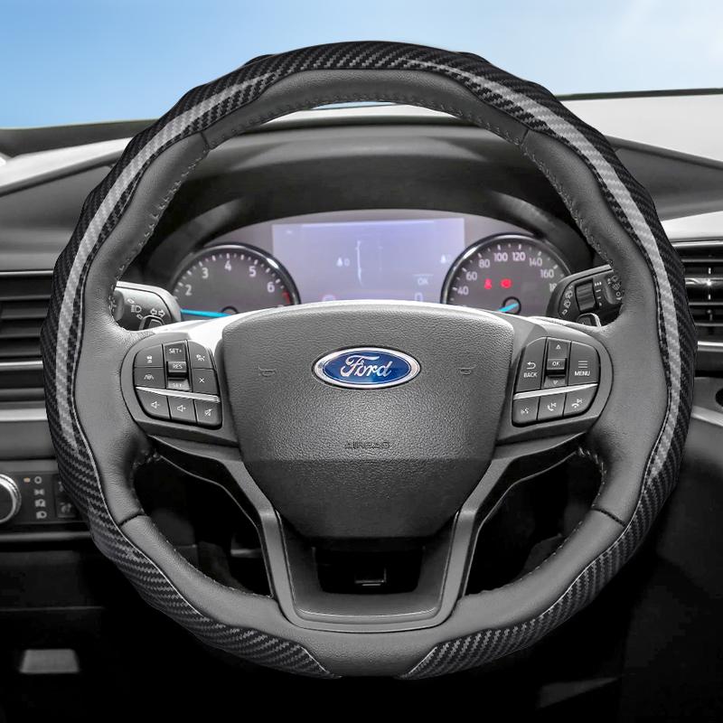 UYEG8 Suitable for Ford Carbon Fiber Texture Steering Wheel Cover with Snap-On Wave-Shaped Sport Design