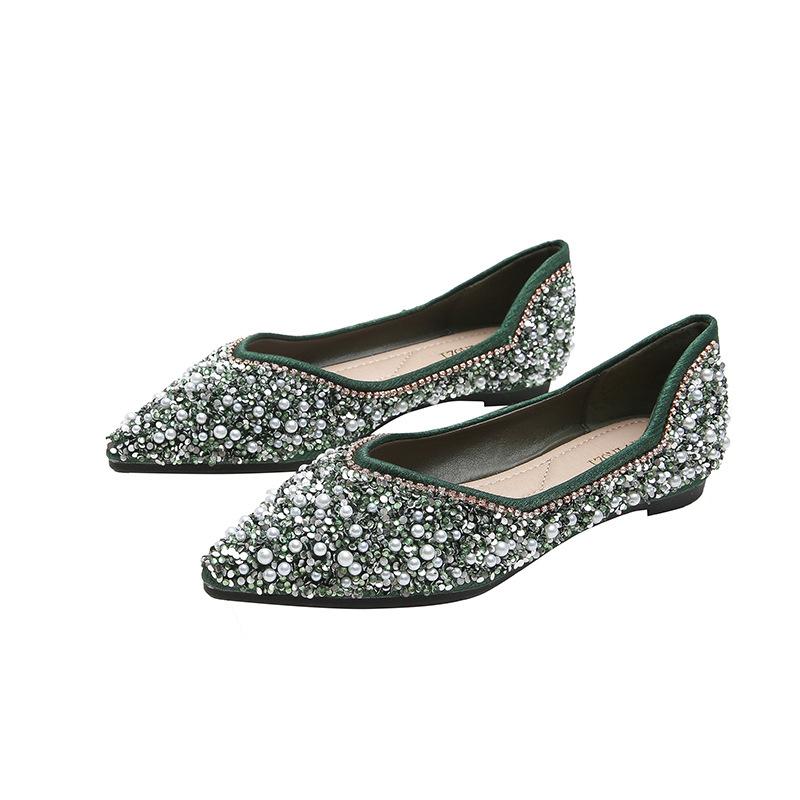 Fashion Luxury Pearl Rivets Flat Shoes Woman Crystal Beading Ballet Flats Bling Bling Ladies Party Shoes Green Loafers Big Size 43