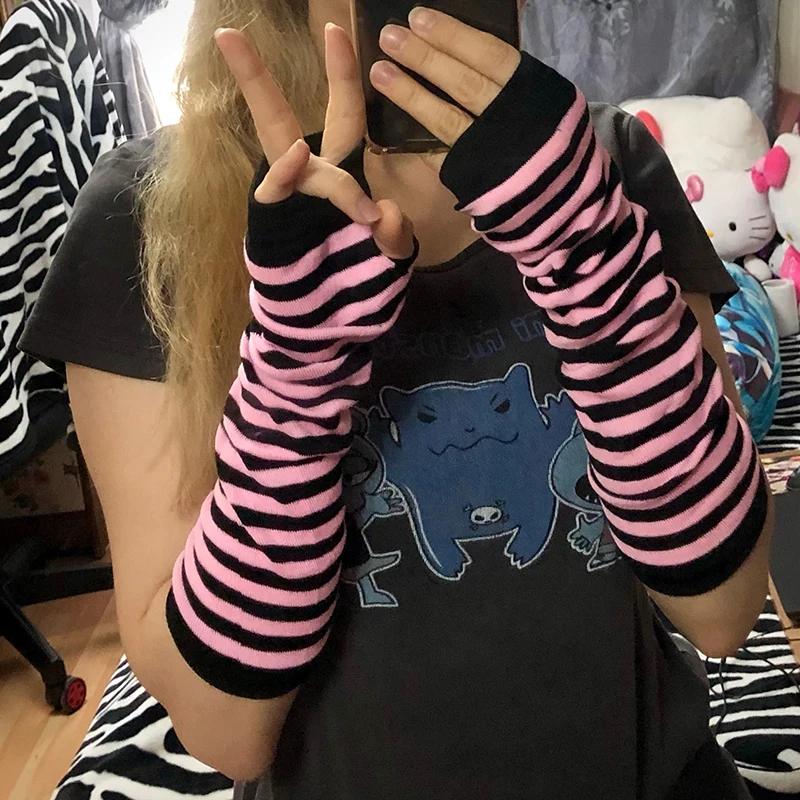Punk Winter Warm Long Sleeves Gloves Goth Men Women Fingerless Stripe Hip-Hop Knitted Elbow Mittens Elastic Outdoor Warmer Arm