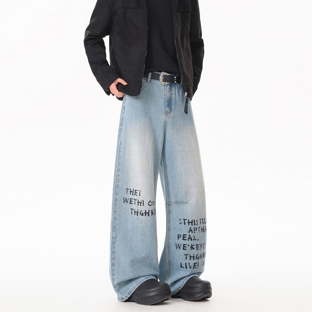 American retro letter print design scimitar jeans men's loose wide legs lazy baggy casual trousers