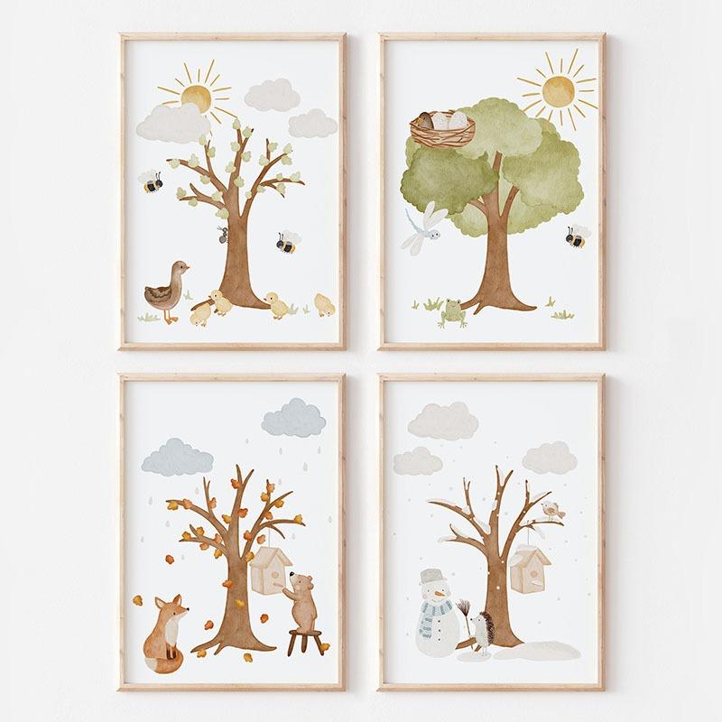 Boho Bear Fox Bird Tree Cabin Mushroom Flower Wall Art Canvas Painting Cartoon Posters And Prints Pictures Baby Kids Room Decor