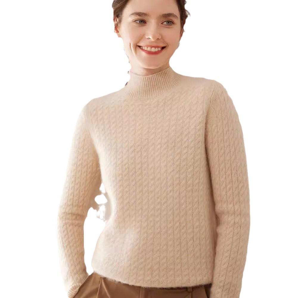 Women's Half-High Collar Cable Knit Cashmere Sweater - Korean Style Thick Pullover for Autumn and Winter