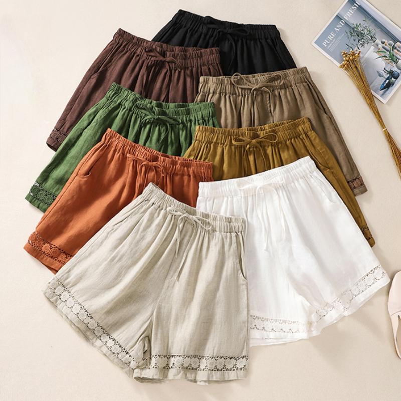 Casual Solid Linen Lace Floral Summer Short Pants Loose Elastic Waist Boho Beach Wear Shorts Women Bottom