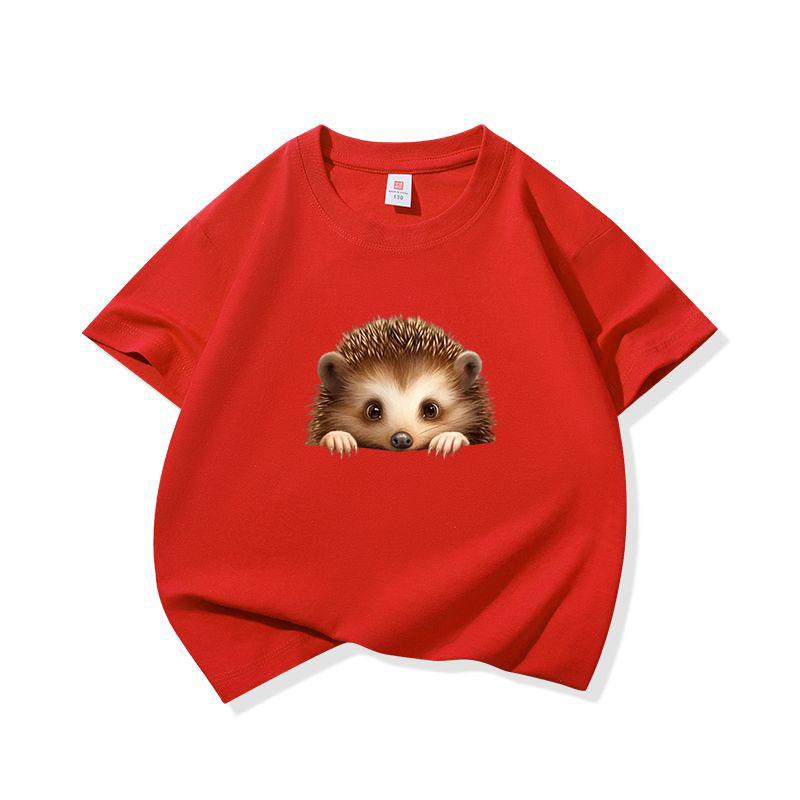 Kids Cotton T Shirt Cute Peeking Hedgehog Print Crew Neck Short Sleeve Tee Casual Breathable Boys Girls Summer Tops