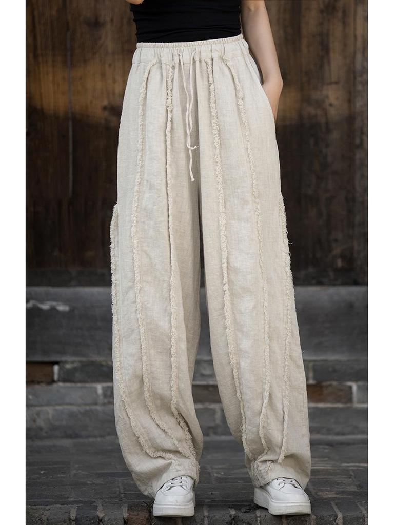 Women's Spring & Summer Ramie Flannel Pants - National Style, Improved Chinese Straight Cut with Drawstring.