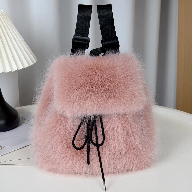 Plush Backpack Women Small Cute Drawstring Fluffy Bag Solid Color Soft Knapsack Winter Warm Faux Fur Shoulder Backpack KTB