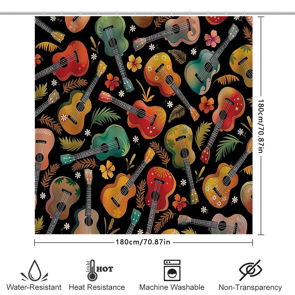 Hawaiian Shower Curtain Tropical Hibiscus Floral Ukulele Beach Theme Decor Waterproof Bathroom Fabric