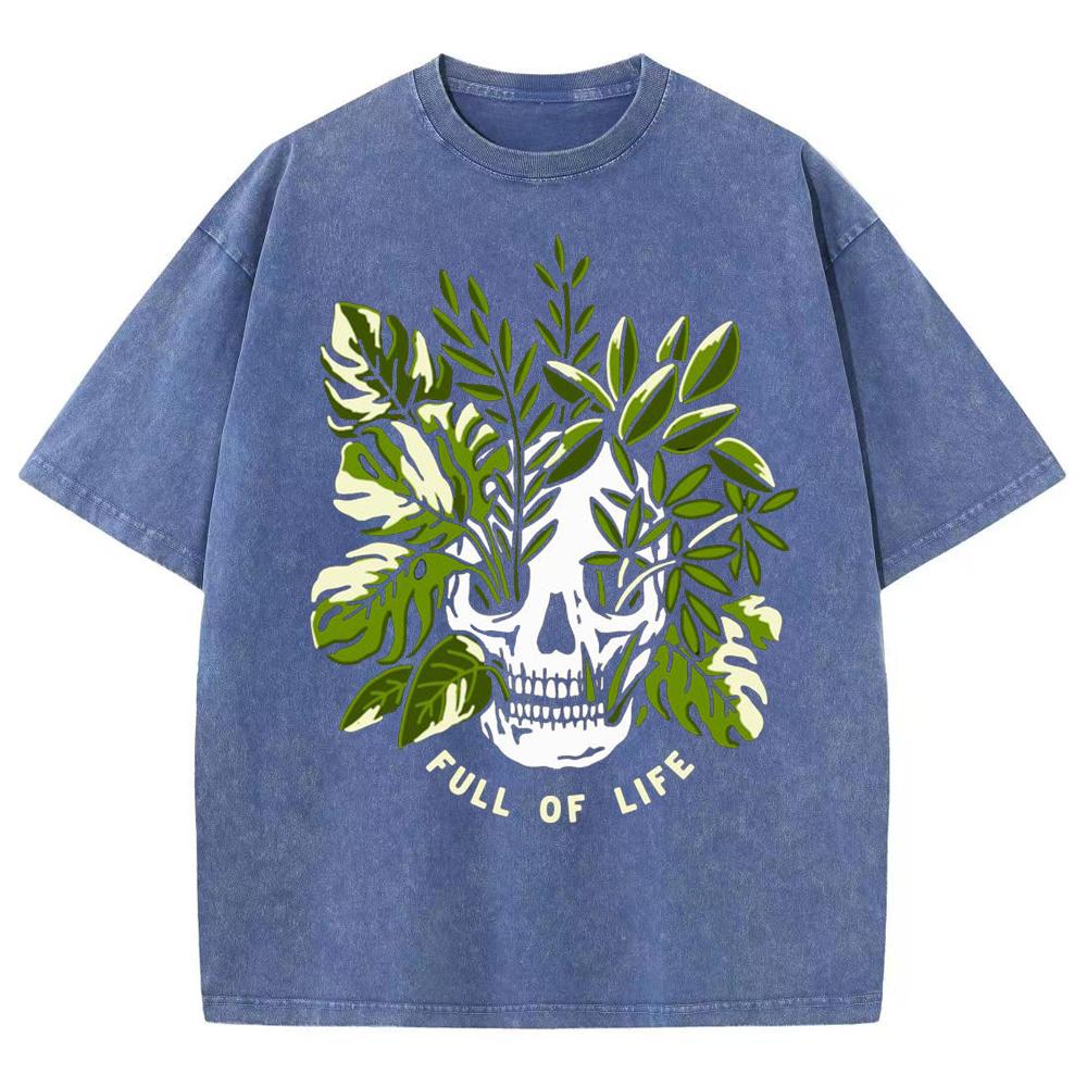 Couple T-Shirts Loose Oversized Wash Denim Tees Skull Botanical Print Casual Chic Unisex Short-Sleeved Vintage Top